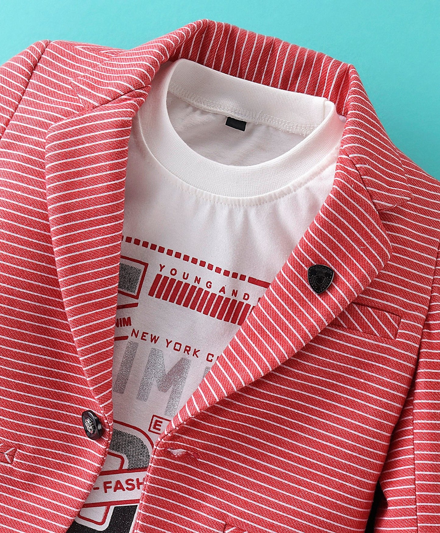 Dapper Dudes Full Sleeves Striped Blazer With Printed Tee & Bottom - Red