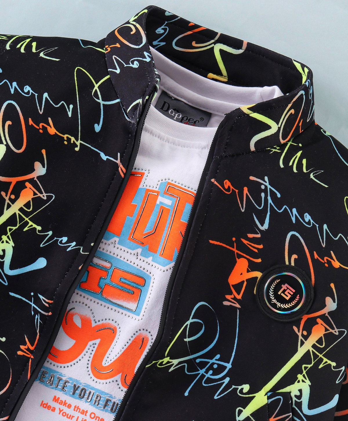 Dapper Dudes Full Sleeves Text Print Jacket With Tee & Track Pant - Black