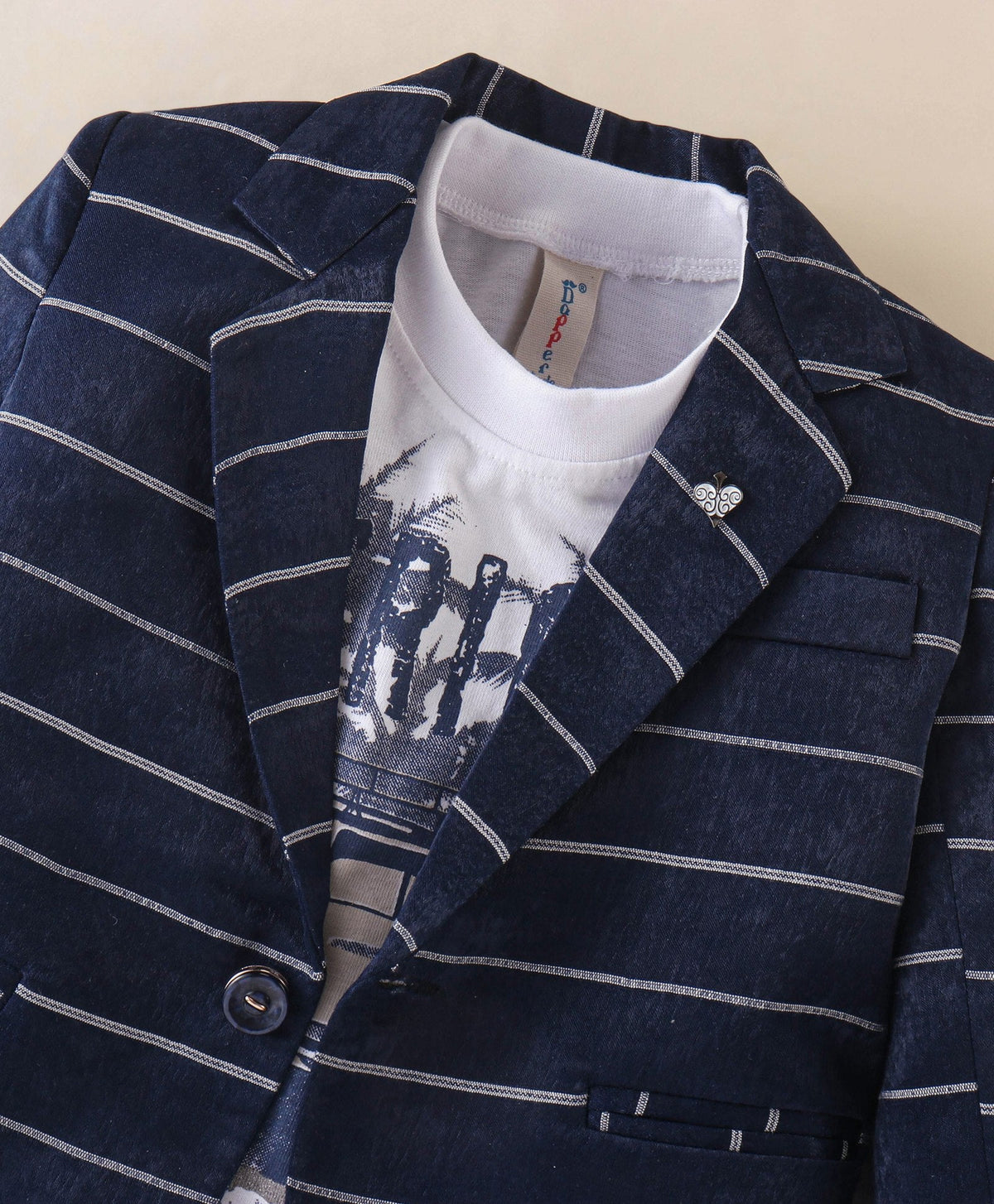Dapper Dudes Full Sleeves Striped Blazer With Printed Tee & Bottom - Navy