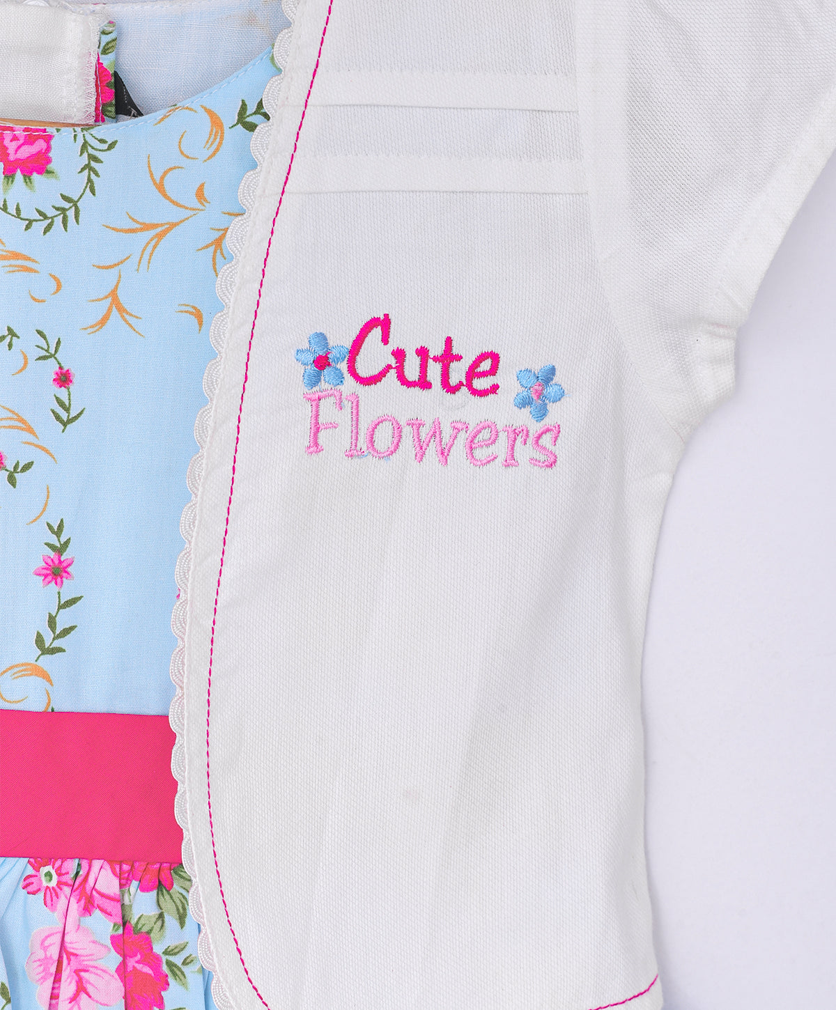 Enfance Floral Printed Tiered Dress With Half Sleeves Embroidered Jacket - S.Blue