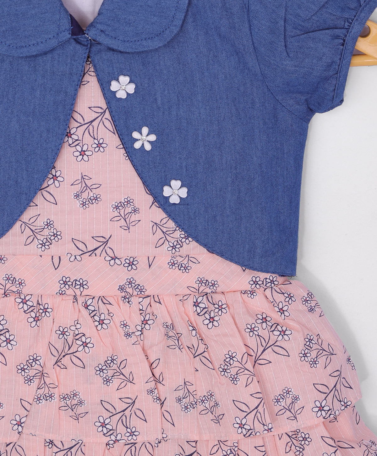 Enfance Floral Printed Tiered Dress With Half Sleeves Jacket-Pink