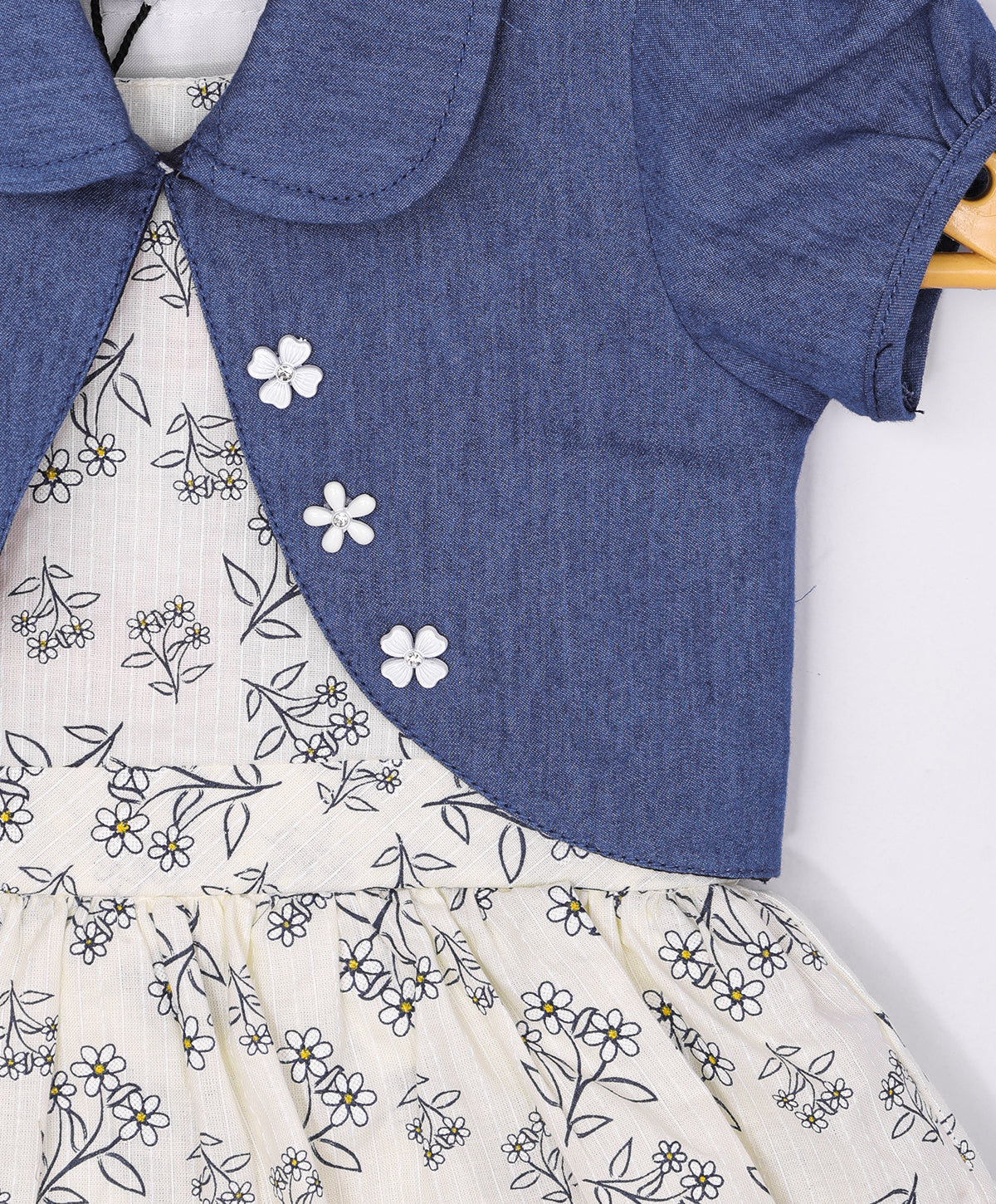 Enfance Floral Printed Tiered Dress With Half Sleeves Jacket-Lemon