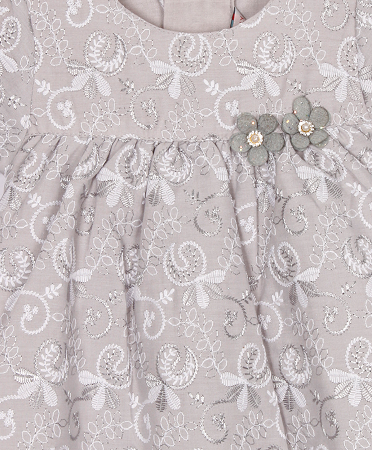 Enfance Paff Sleeves Floral Embroidery Casual Dress - Grey