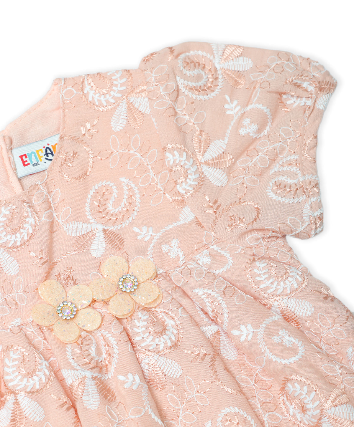 Enfance Paff Sleeves Floral Embroidery Casual Dress-Peach