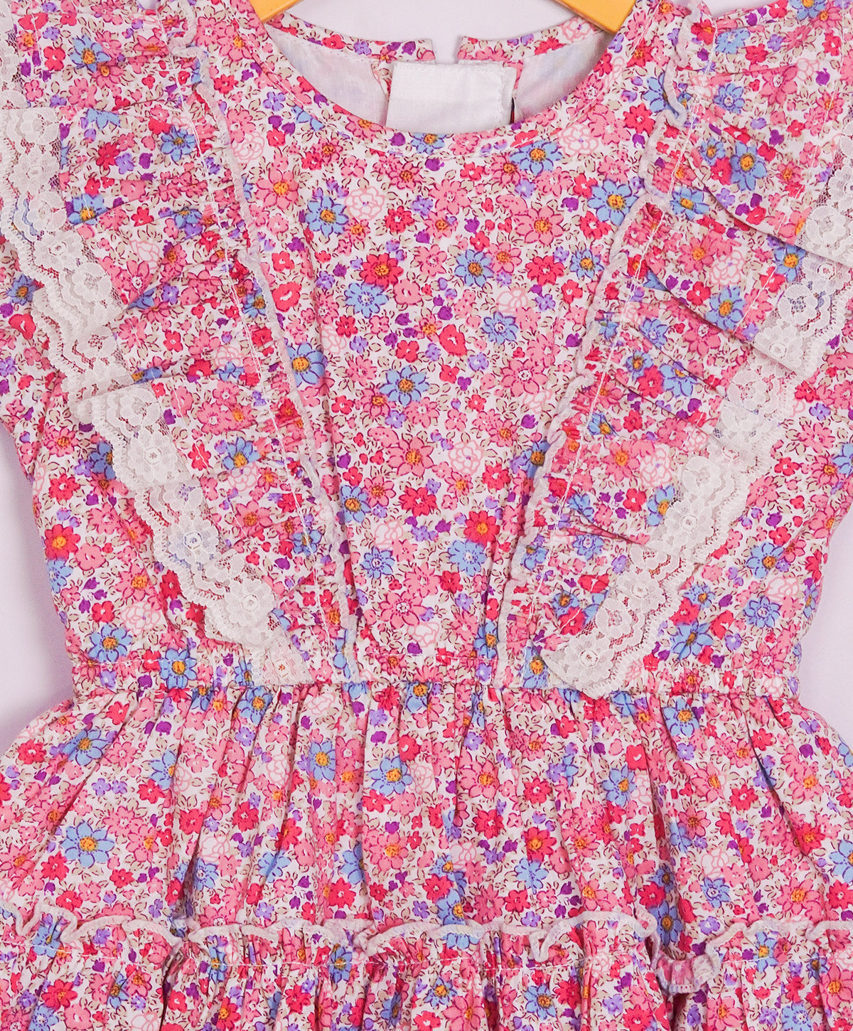 Enfance Half Sleeves All Over Flower Printed Floral Applique Dress-Pink