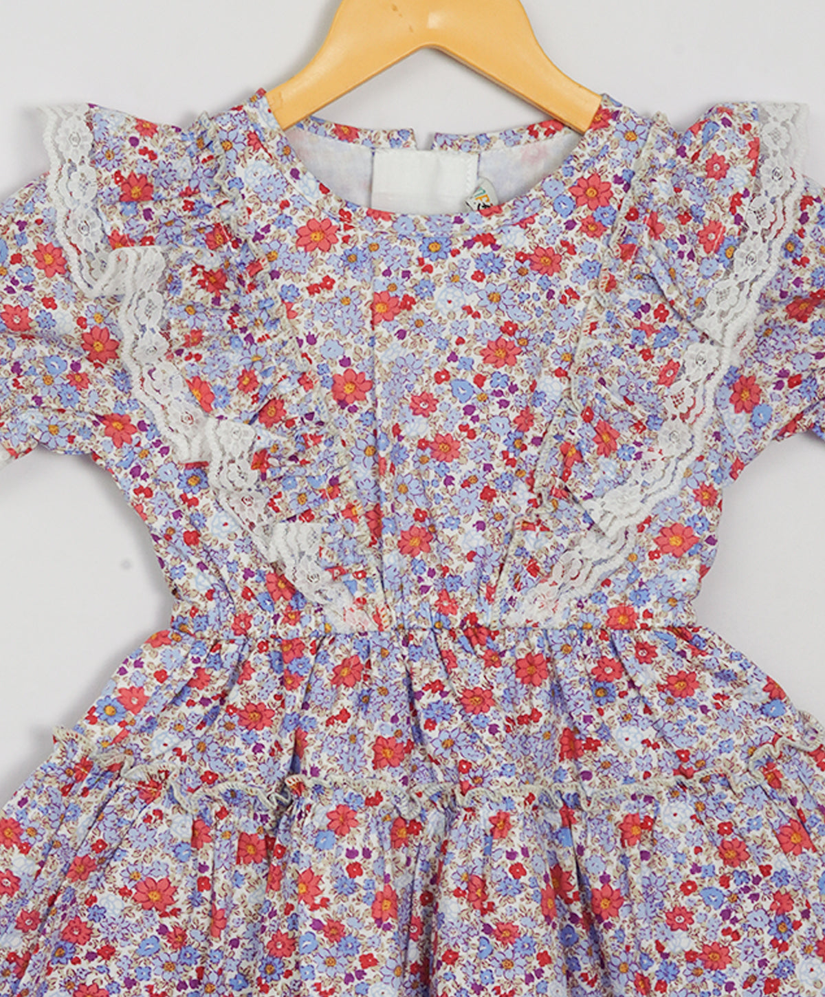 Enfance Half Sleeves All Over Flower Printed Floral Applique Dress-Blue