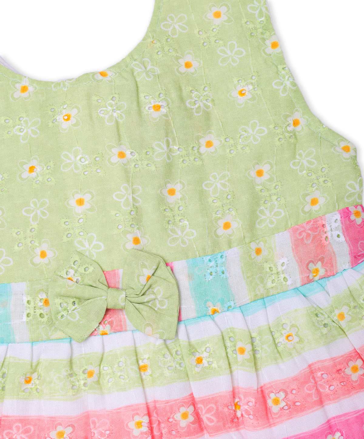 Enfance Sleeveless Flower & Strip Printed Casual Dress-Green