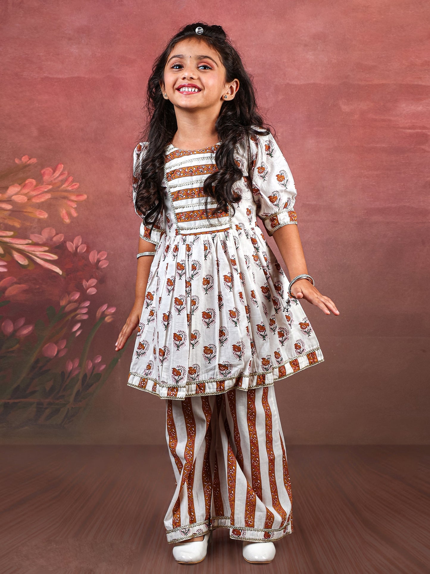 Enfance Three Fourth Sleeves Floral Printed & Lace Embellished Coordinating Kurta Sharara Set With Dupatta - Brown