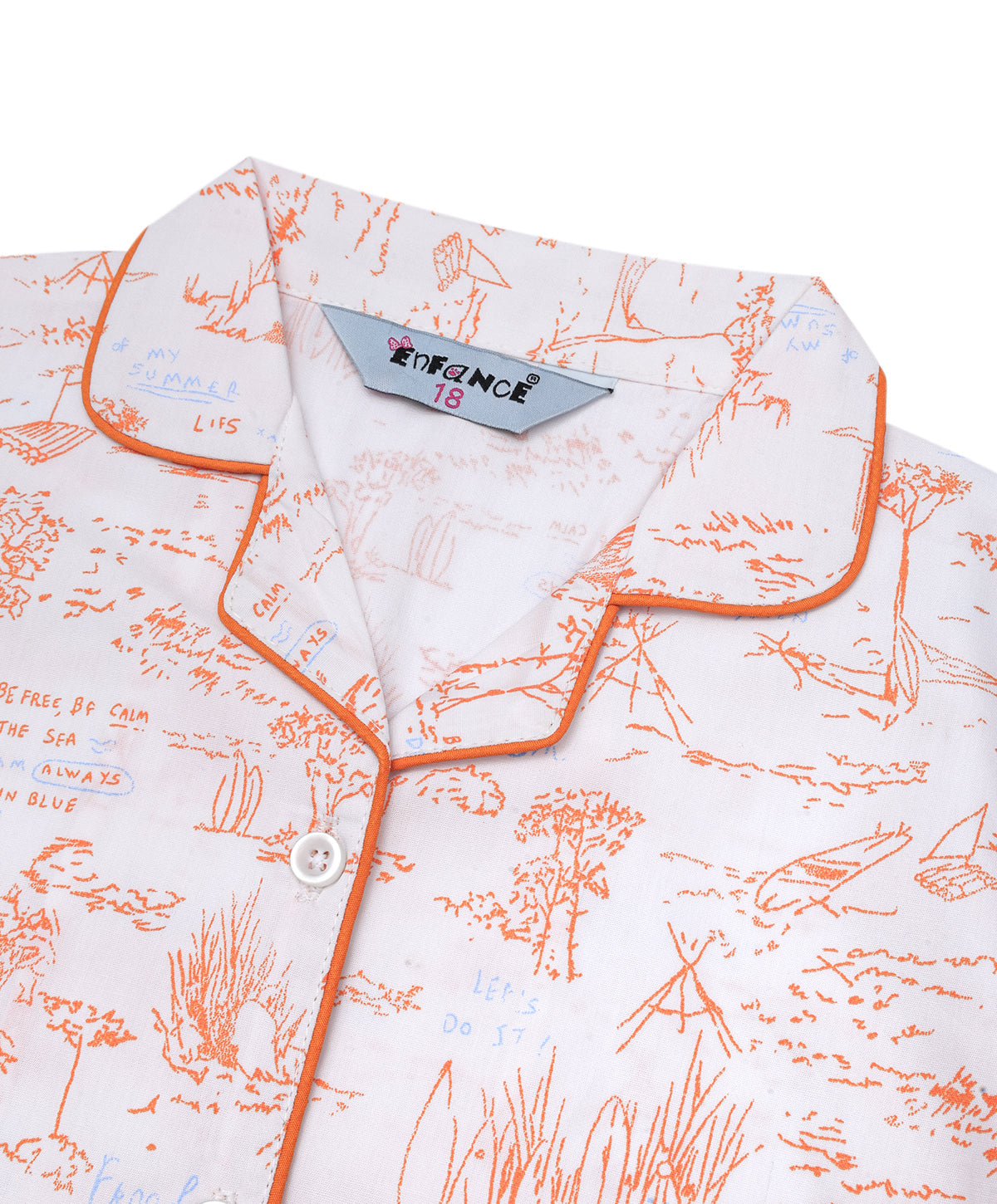 Enfance Full Sleeves Plants Print Night Suit-Orange