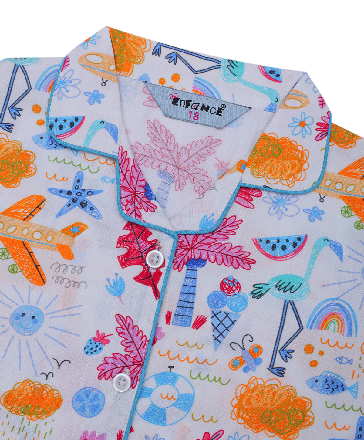 Enfance Full Sleeves Airoplane With Tropical Tree Printed Night Suit-Multi