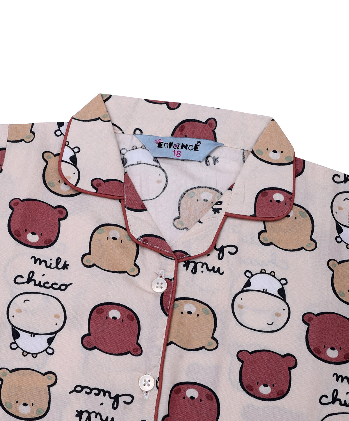 Enfance Half Sleeves Teddy Face Printed Night Suit-Fawn