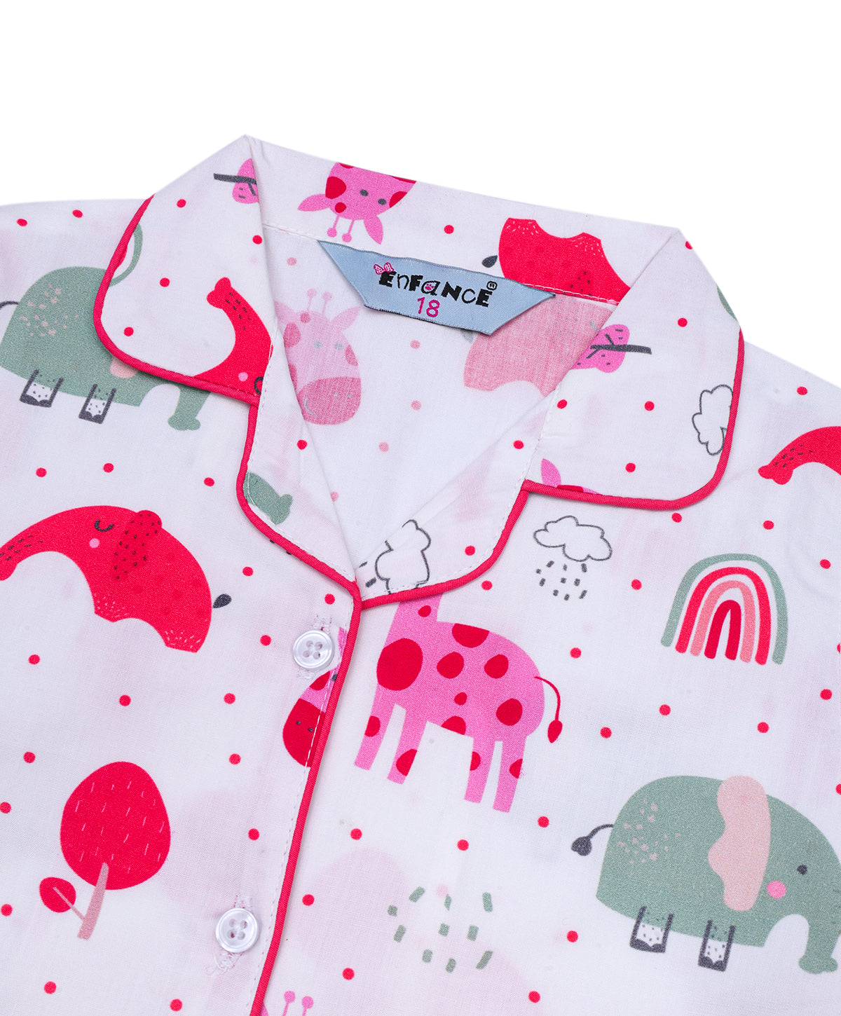 Enfance Cotton Woven Full Sleeves Animal Printed With Ploka Dots Night Suit - White
