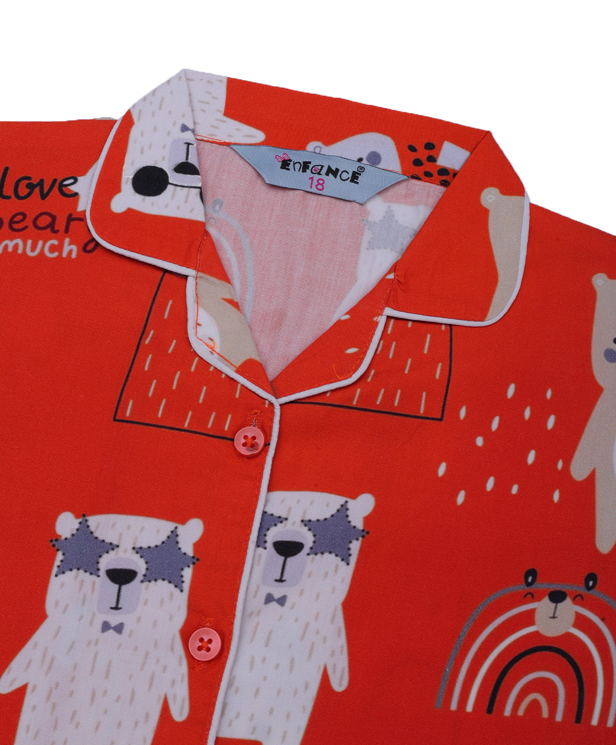 Enfance Cotton Woven Full Sleeves Bear Cartoon Printed Night Suit - Orange