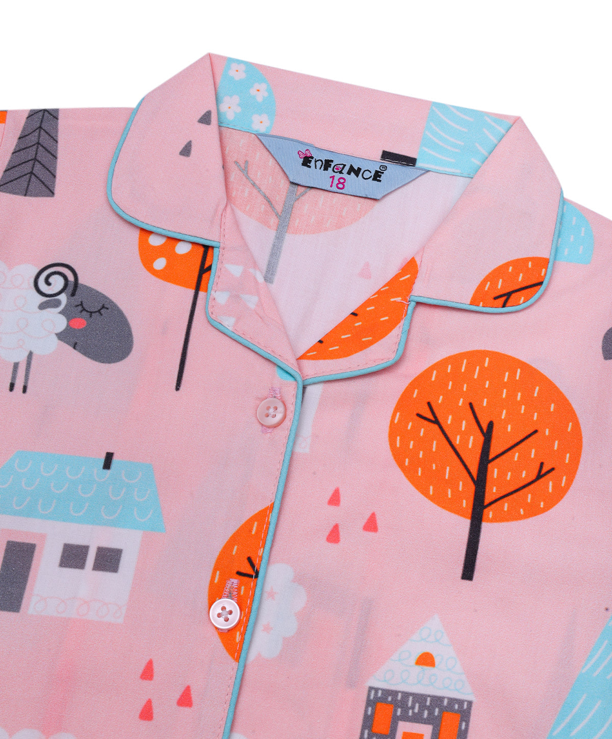 Enfance Cotton Woven Full Sleeves White Sheep Printed Night Suit -Peach