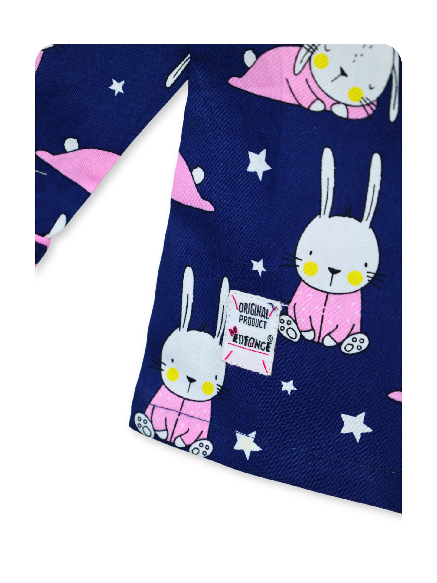 Enfance Cotton Woven Full Sleeves Bunny & Star Printed Night Suit - Navy
