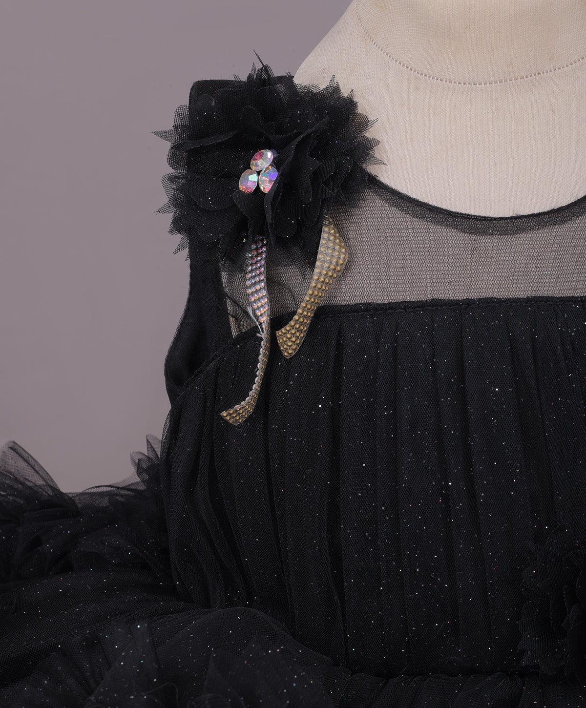 Enfance Sleeveless Floral Applique Net Dress - Black