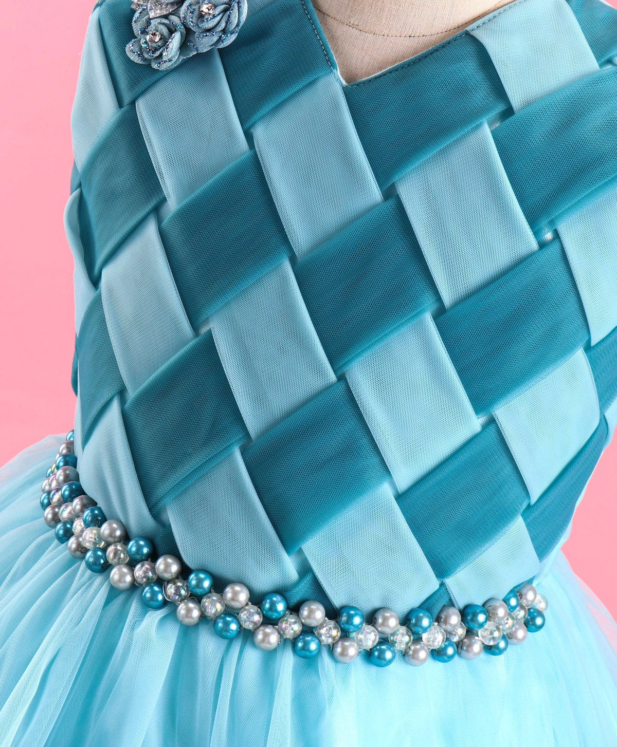 Enfance Sleeveless Matt Pattern Net Flared Dress-Teal