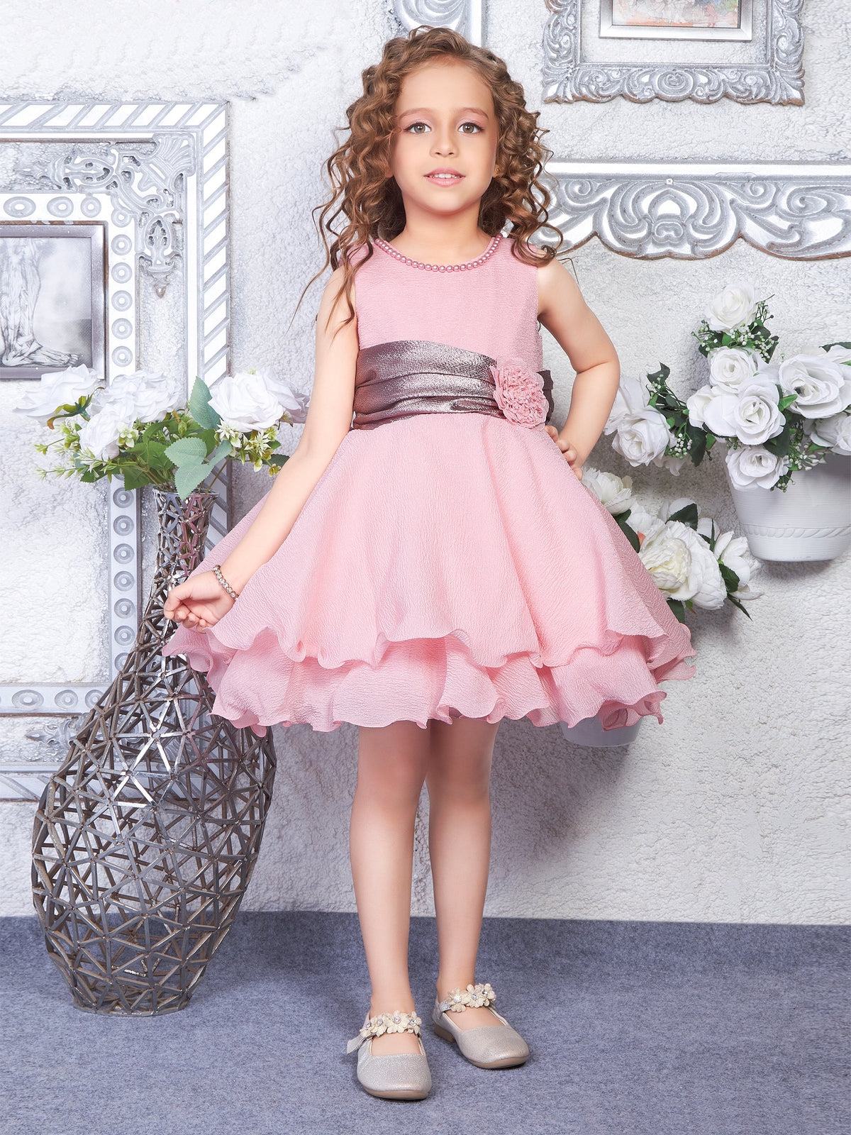 Enfance Sleeveless Floral & Pearl Embellishment Fit & Flared Party Frock - Onion Pink