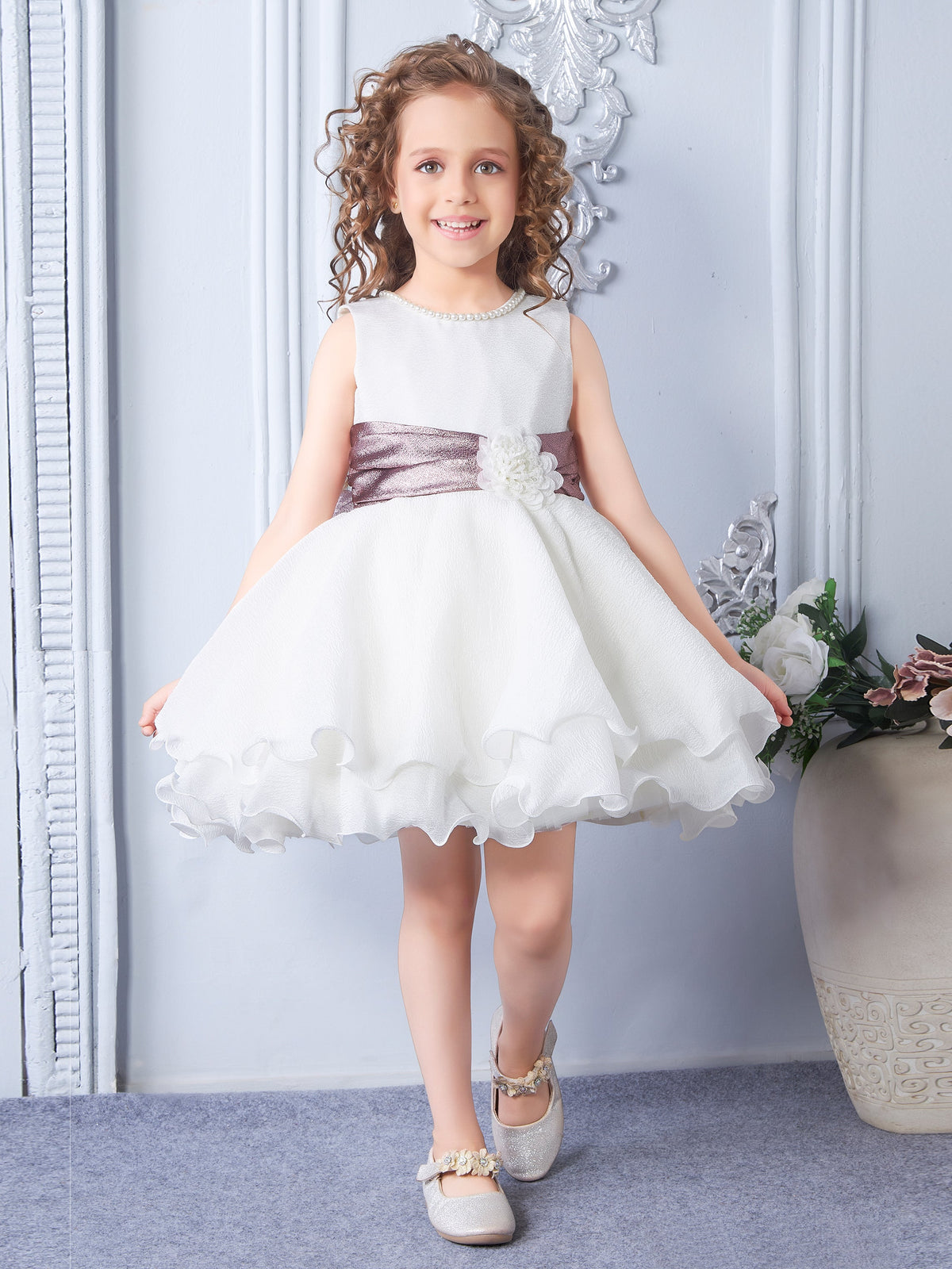 Enfance Sleeveless Floral & Pearl Embellishment Fit & Flared Party Frock - White