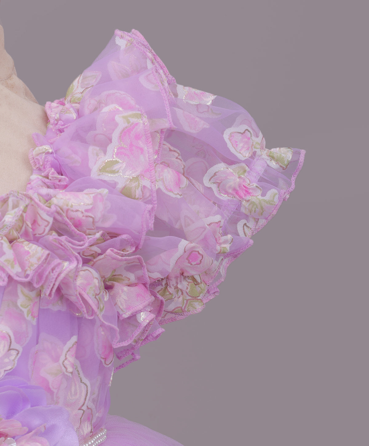 Enfance Puff Sleeves Fit and Flare Party Frock with Floral Corsage & Sequins - Purple