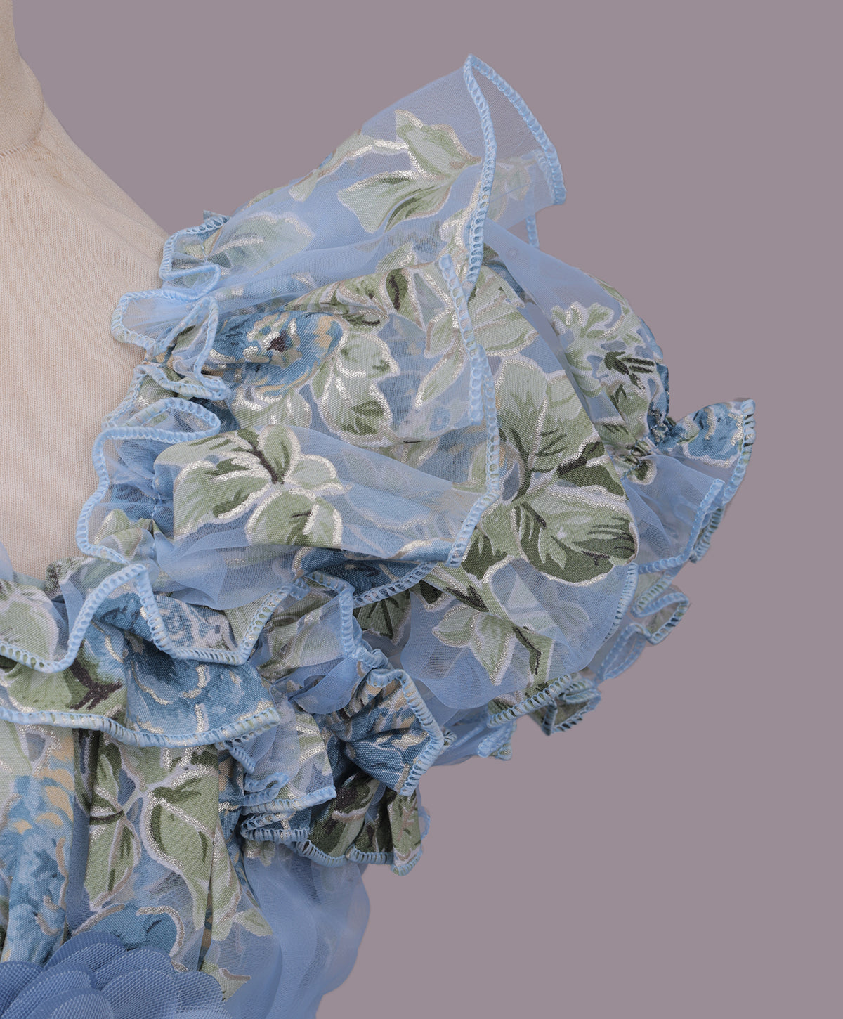 Enfance Puff Sleeves Fit and Flare Party Frock with Floral Corsage & Sequins - Grey