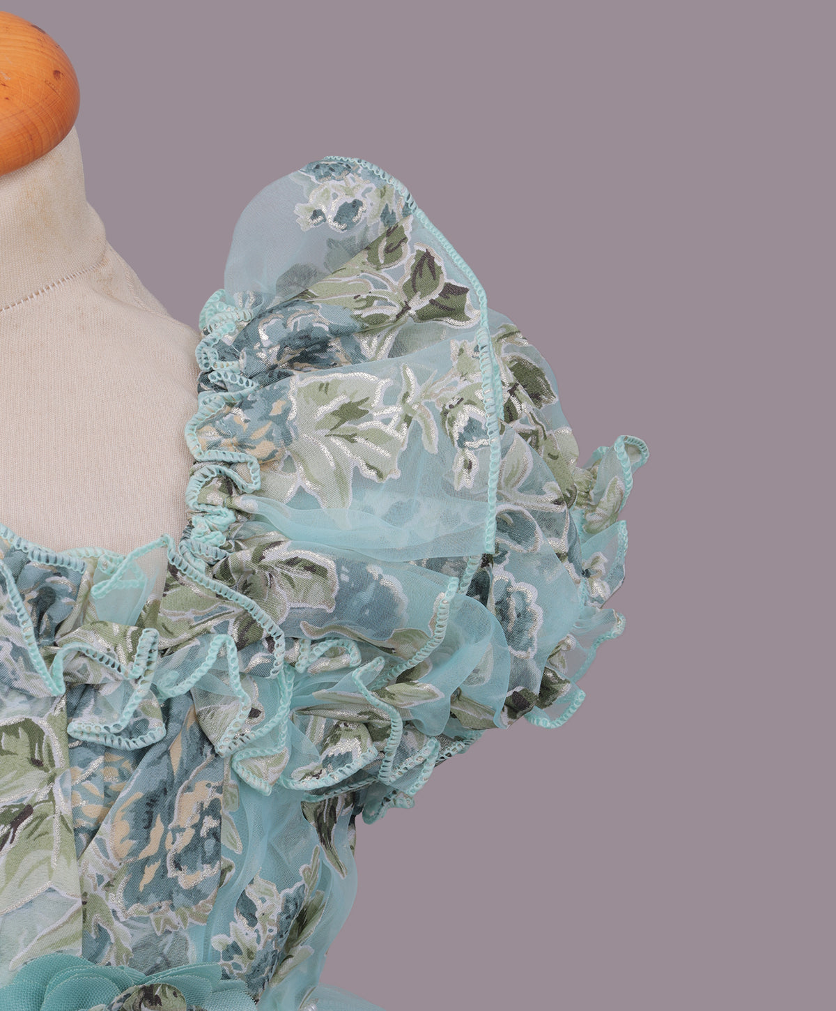 Enfance Puff Sleeves Fit and Flare Party Frock with Floral Corsage & Sequins - C.Green