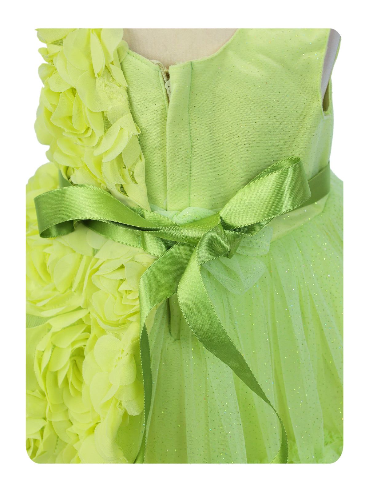 Enfance Sleeveless Party Frock With Floral Embellishments & Frill Detailing - P.Green