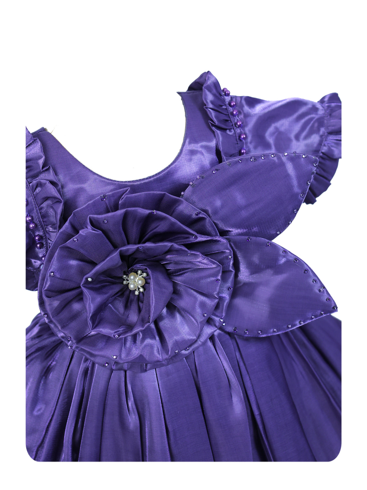 Enfance Short Sleeve Floral Detailed Flare Net Party Dress - Purple