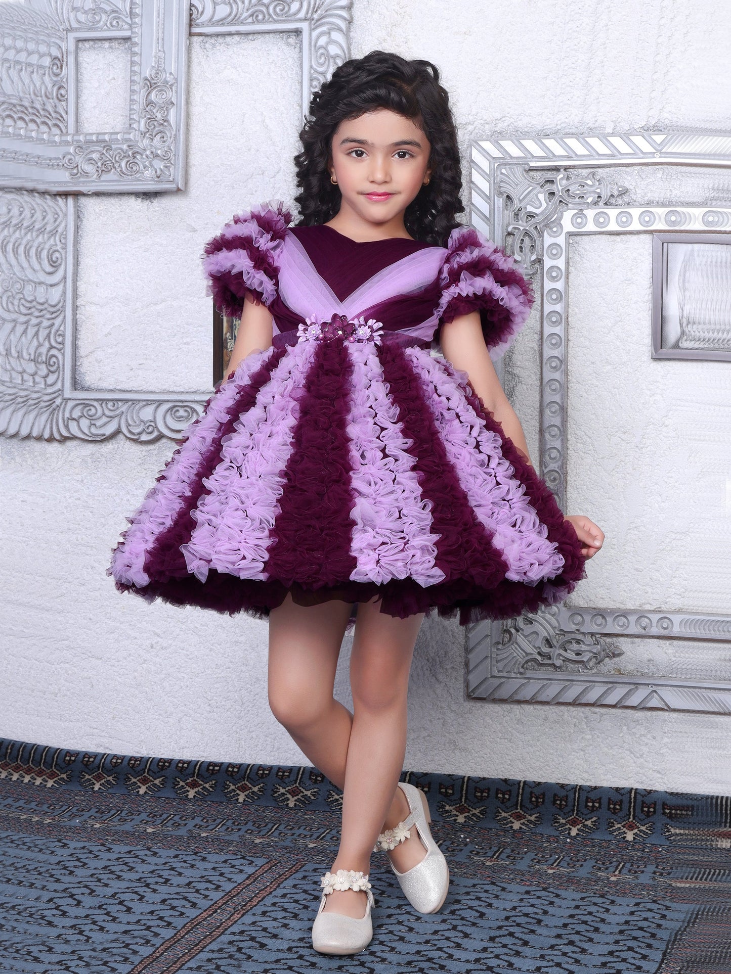 Enfance Short Sleeve Embellished Layered Party Net Dress Wine