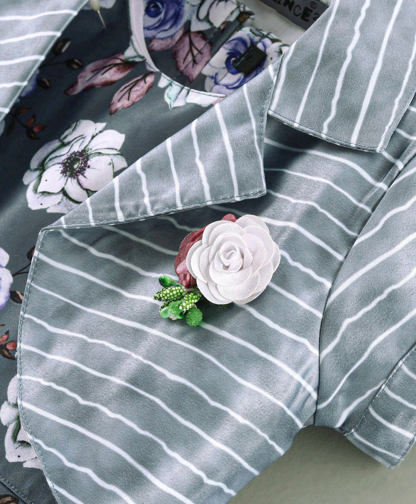 Enfance Floral Print Dress With Puff Sleeves Shrug-Grey
