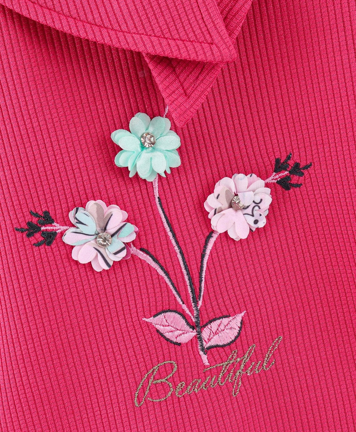 Enfance Full Bell Sleeves Flowers Emboridery Top With Printed Flared Skirt-D.Pink
