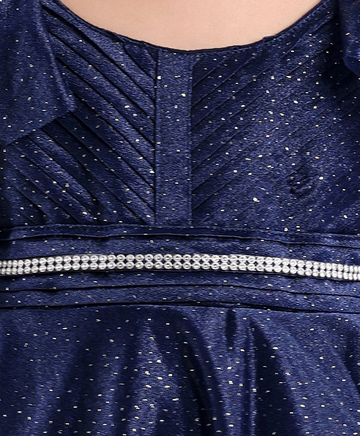 Enfance Sleeveless Glittered Pleated Ruched Detail Flared Dress With Head Band -Navy