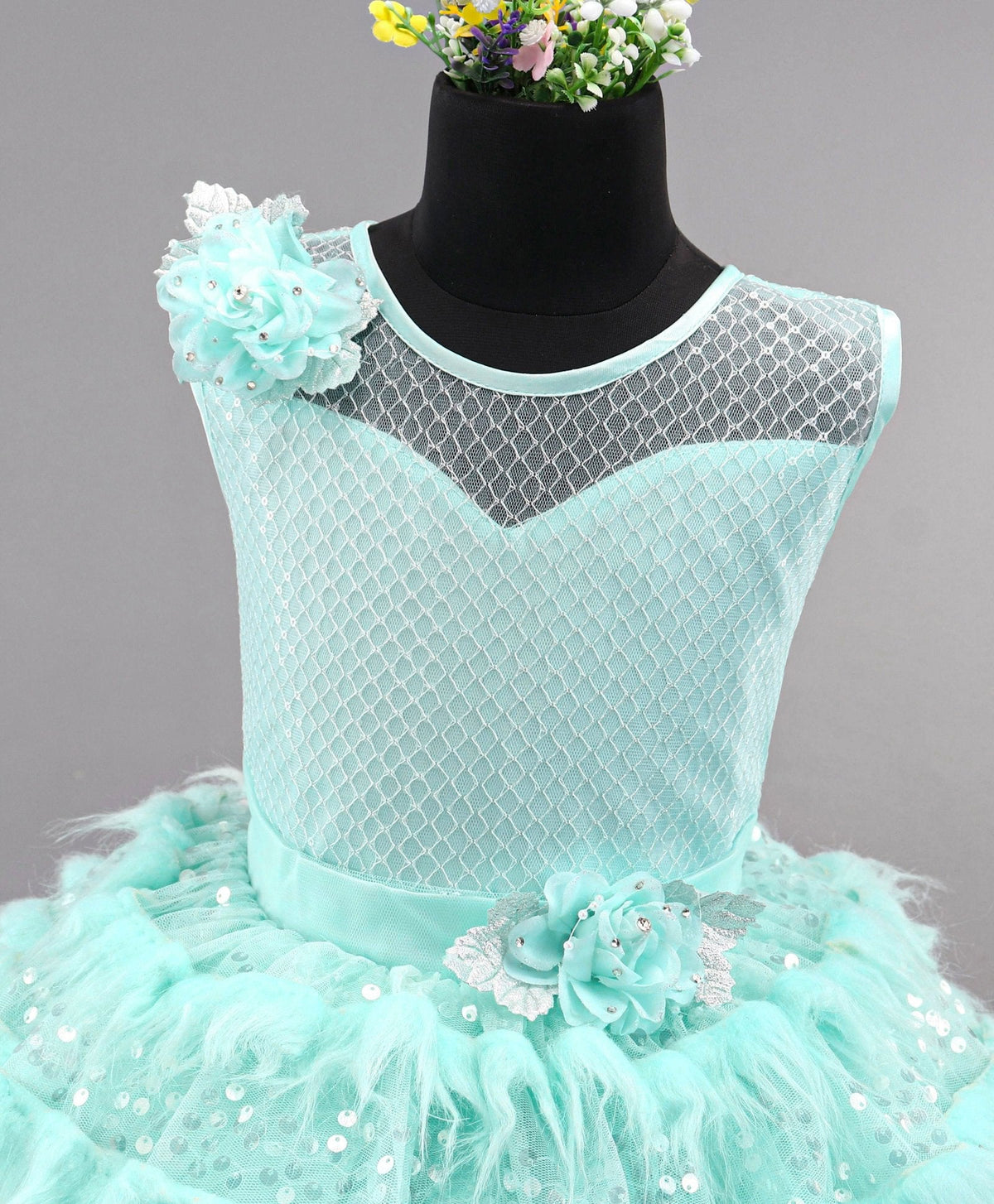 Enfance Sleeveless Moroccan Designed Bodice With Fur & Sequin Layer Detailed Fit & Flare Flower Applique Embellished Dress -S.Green