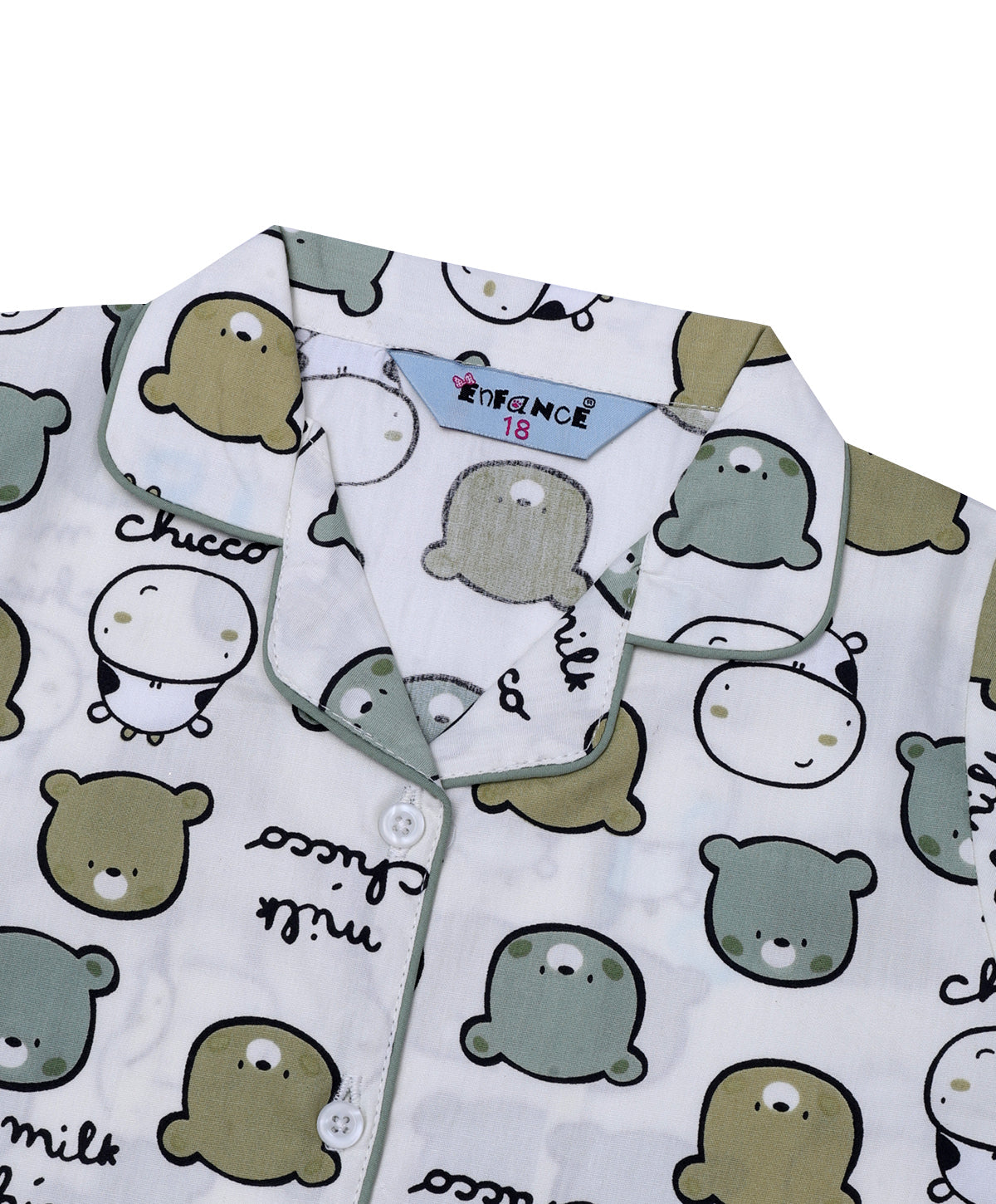 Enfance Half Sleeves Teddy Face Printed Night Suit-L.Green