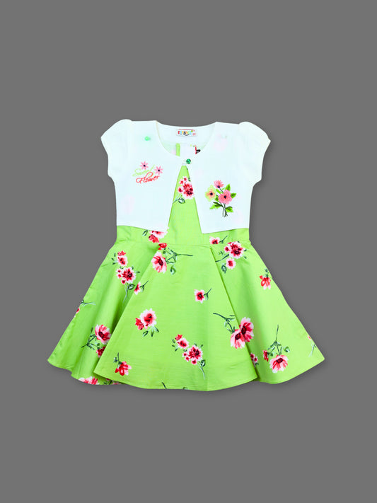 Enfance Floral Printed Dress With Half Sleeves Embroidered Jacket - Green