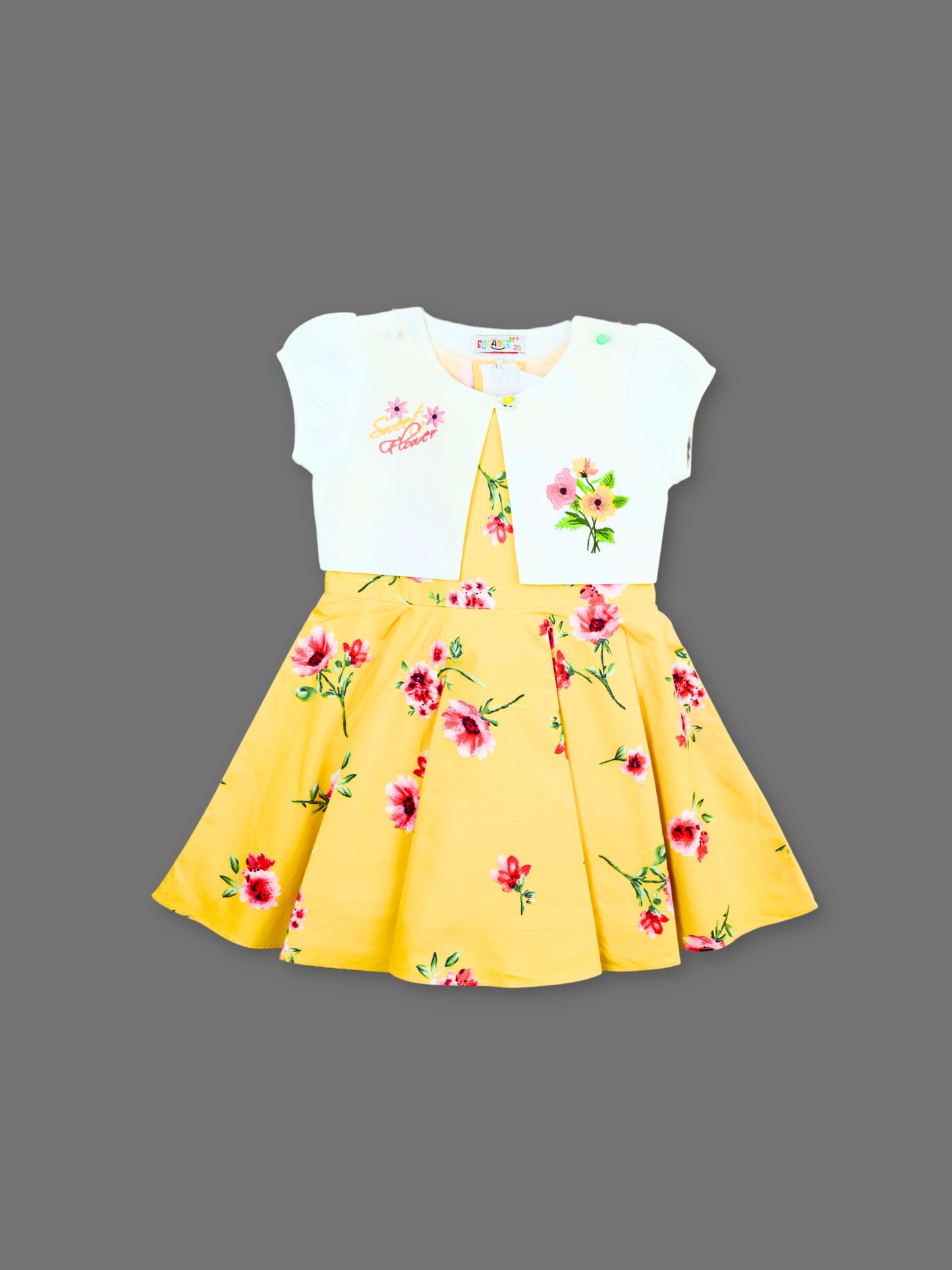 Enfance Floral Printed Dress With Half Sleeves Embroidered Jacket - Gold