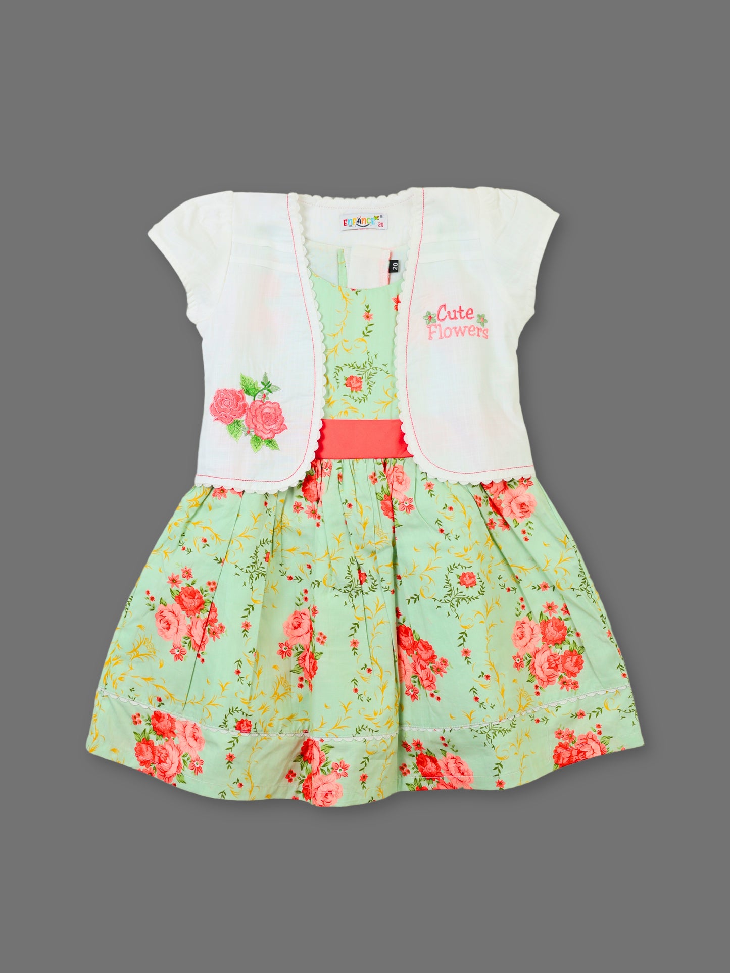 Enfance Floral Printed Dress With Half Sleeves Embroidered Jacket - Pista