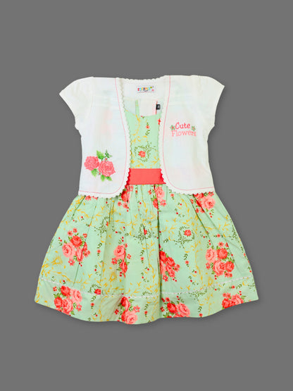 Enfance Floral Printed Dress With Half Sleeves Embroidered Jacket - Pista