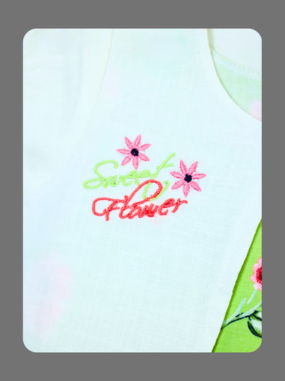 Enfance Floral Printed Dress With Half Sleeves Embroidered Jacket - Green