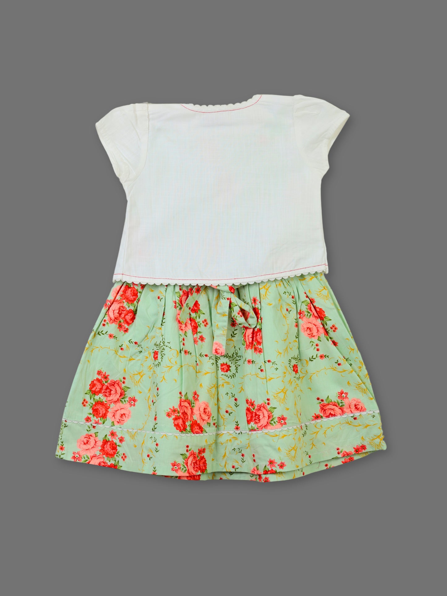 Enfance Floral Printed Dress With Half Sleeves Embroidered Jacket - Pista