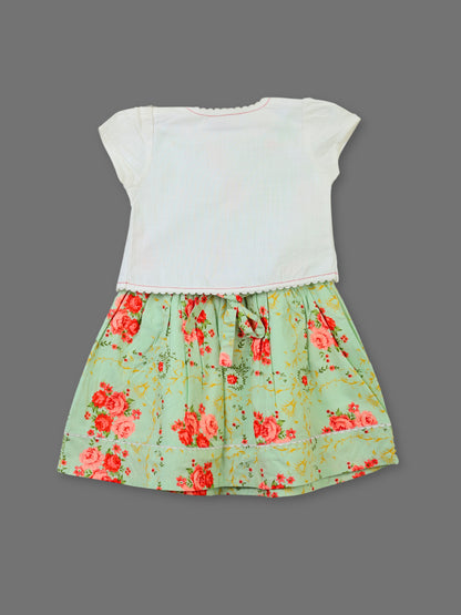 Enfance Floral Printed Dress With Half Sleeves Embroidered Jacket - Pista