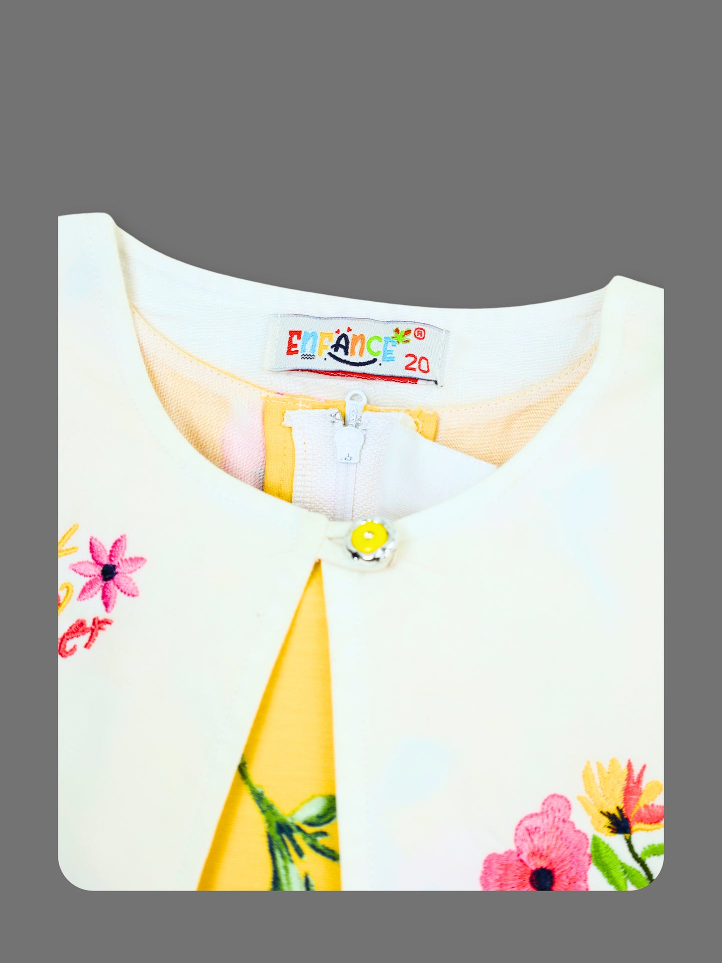 Enfance Floral Printed Dress With Half Sleeves Embroidered Jacket - Gold