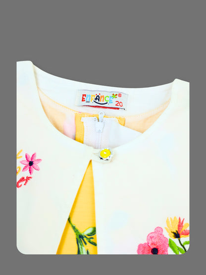 Enfance Floral Printed Dress With Half Sleeves Embroidered Jacket - Gold