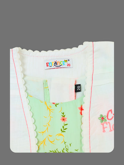 Enfance Floral Printed Dress With Half Sleeves Embroidered Jacket - Pista