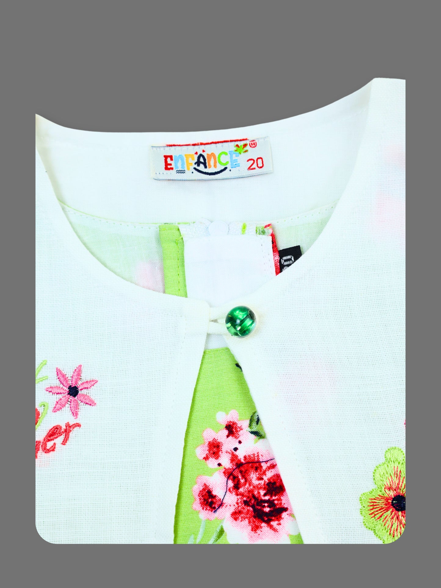 Enfance Floral Printed Dress With Half Sleeves Embroidered Jacket - Green