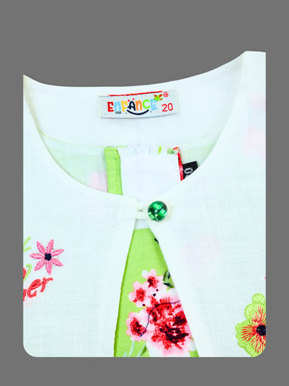Enfance Floral Printed Dress With Half Sleeves Embroidered Jacket - Green