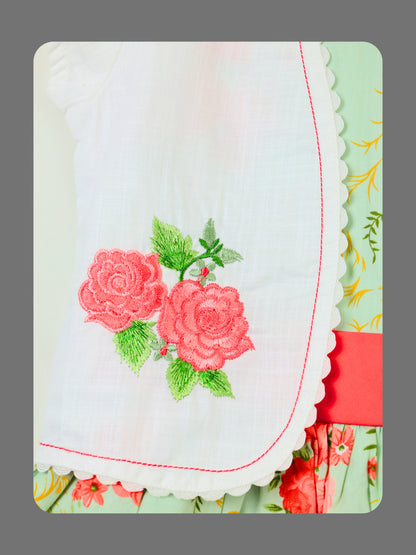 Enfance Floral Printed Dress With Half Sleeves Embroidered Jacket - Pista