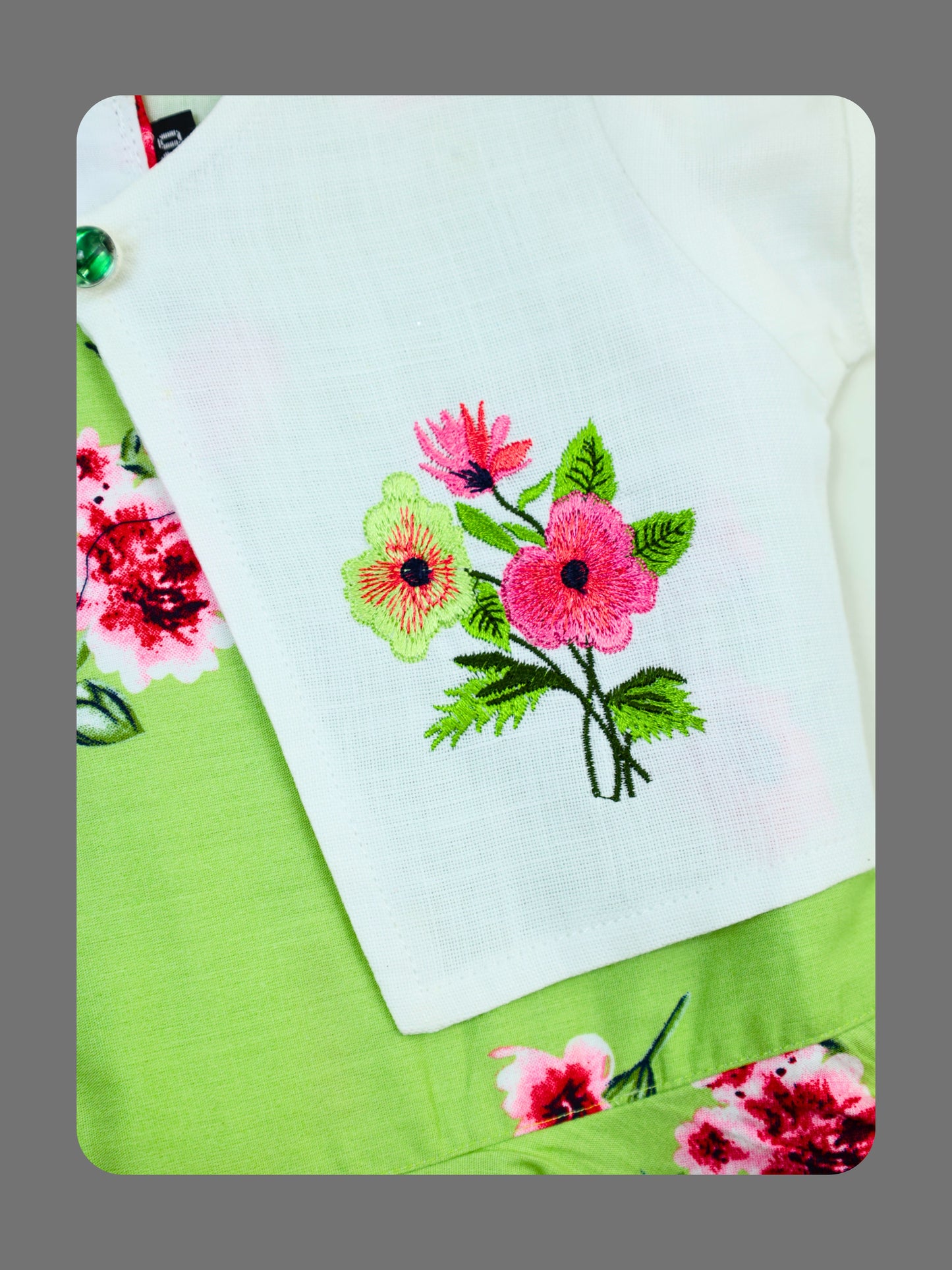 Enfance Floral Printed Dress With Half Sleeves Embroidered Jacket - Green