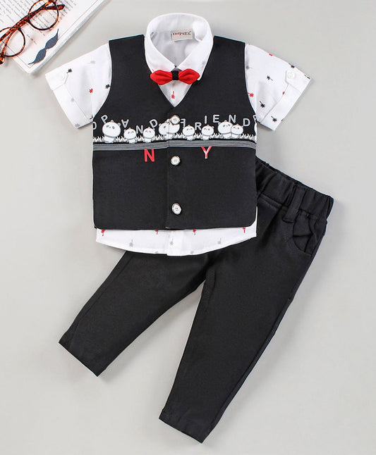 Dapper Dudes Half Sleeves Printed Shirt With Waistcoat, Bow, & Bottom - Black