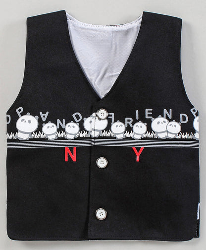 Dapper Dudes Half Sleeves Printed Shirt With Waistcoat, Bow, & Bottom - Black